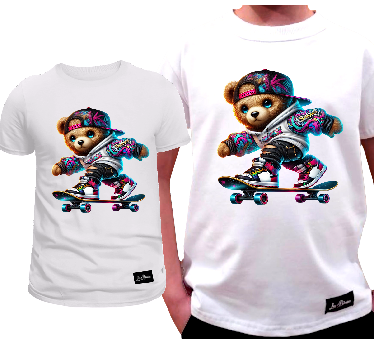 Koszulka Dziecięca T-shirt Biały dla Chłopca Miś na desce